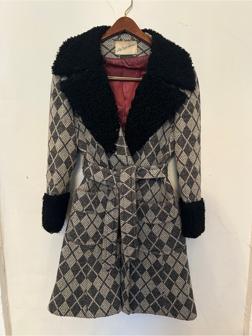 Vintage 70’s Wool Blend Argle-Pattern Coat with Black Shearling Collar
